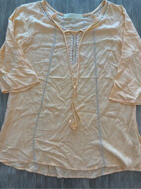 Paradise Shores Peach Embroidered Tie-Front Boho Rayon Blouse Womens Small